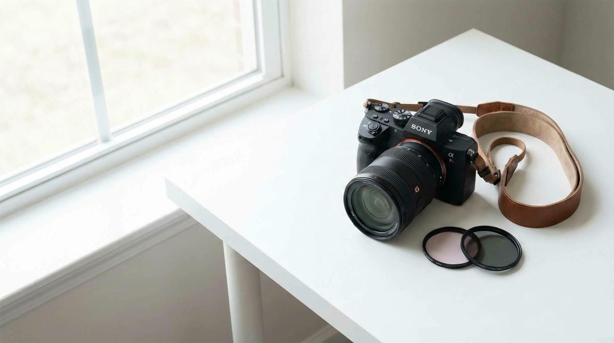 Sony Alpha 微單眼相機放置在白色極簡桌面上，象徵專業攝影器材收購 / Product shot of a Sony Alpha mirrorless camera sitting on a white minimalist desk, professional photography gear vibe.